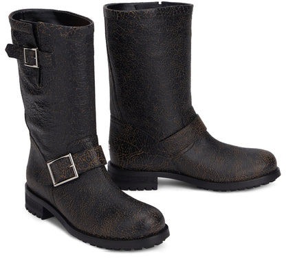 Biker boots in leather with crackled effect and buckles SHOES