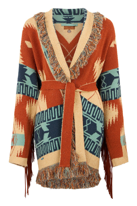 Cardigan with ethnic patterns and fringes RTW