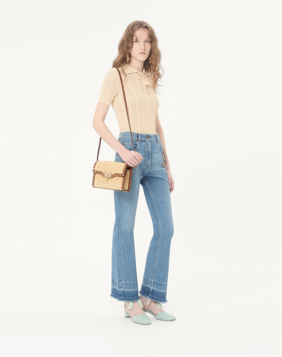 Valentino Garavani Small shoulder bag | rockstud | crochet rafia/vit.